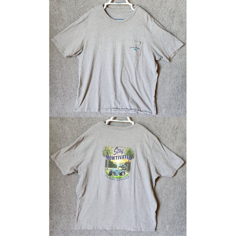 Tommy Bahama Gray "Stay Mowtivated Lawn‎ Mower" Graphic Pocket T Shirt Size XL